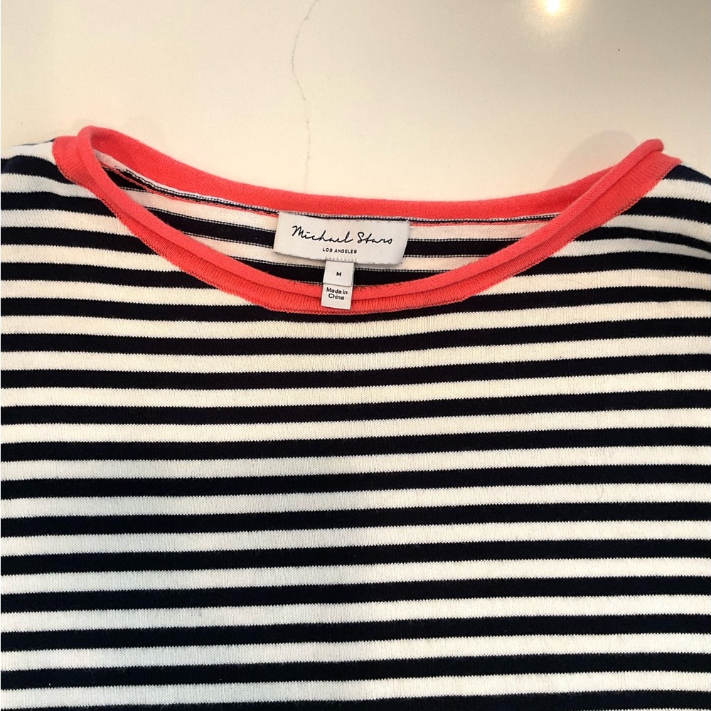 Michael Stars Navy Striped Tee with Coral Accents